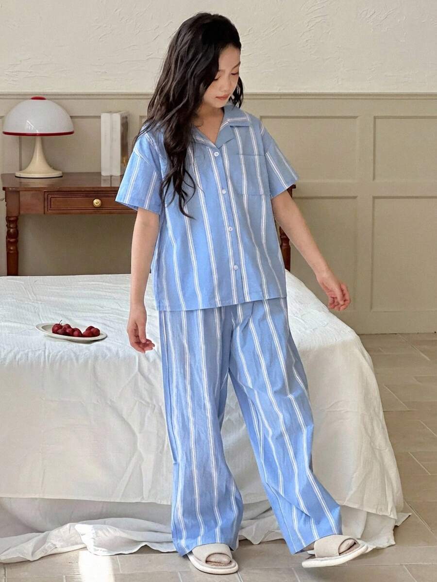 Dazy Kids 少女条纹长袖上衣和裤子家居服套装,秋夏季 - 藍色 - 查看 1