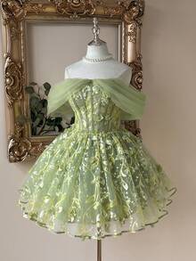 Lovelzi 优雅橄榄绿奢华3D珠绣花卉露肩鱼尾高腰A字连衣裙，后背系带可调节，适合约会、度假、单身派对、婚礼、返校活动等场合，女士短款晚礼服 - 綠色 - 查看 5