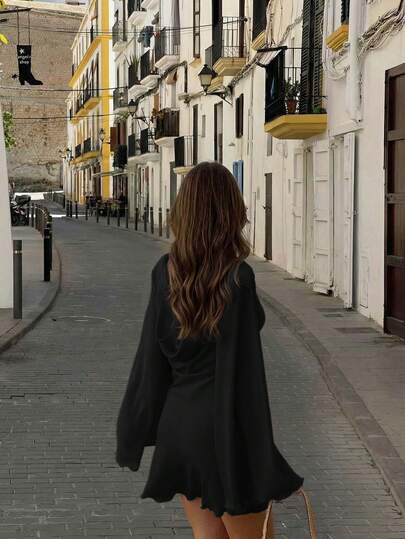 Aloruh Women's Spring/Summer New Elegant Sexy Romantic Retro Solid Black Long Sleeve Backless Draped Neck Dress, Suitable For Dates, Afternoon Tea