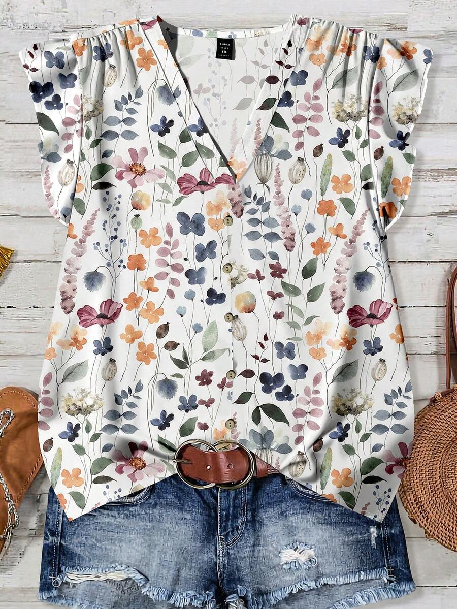 EMERY ROSE Plus Size Women Summer Casual Vacation Floral Print V-Neck Ruffle Armhole Blouse - Multicolor - View 1