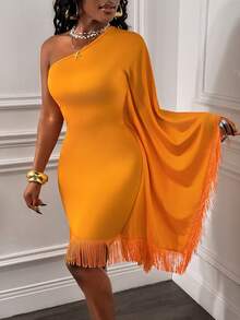 Glyssa Vestido curto feminino sexy com um ombro só e franjas. - Laranja - Ver 3