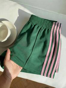 SHEIN Comfortcana Plus Size Casual Sports Style Retro American College Ribbed Shorts Shorts With Stripes Green Festival Athletic Shorts Casual Shorts For Women Green Shorts Women Shorts Teal - Green - View 1
