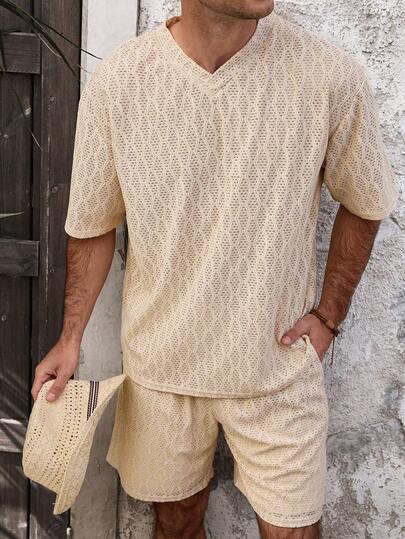 VENTUSAIL Set de tricou versatil de vară pentru bărbați, culoare solidă, cu decolteu în V, mânecă scurtă, casual, respirabil