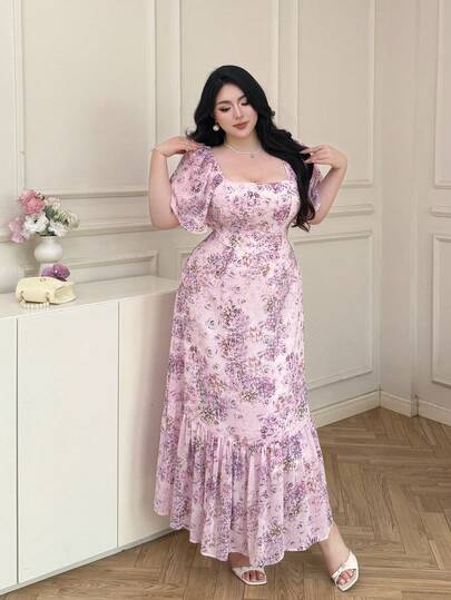 Vibekara Plus Size Women Floral Print Square Neck Elegant Waist Cinched Party Dress
