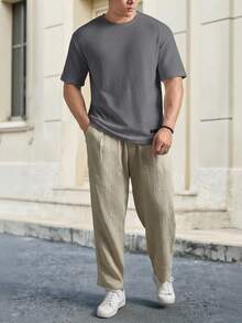 HIMLAND Loose Fit Men's Solid Waffle Knit T-Shirt - Grey - View 5