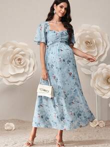 SHEIN 夏季孕妇优雅印花褶皱胸部连衣裙 - 淺藍色 - 查看 7