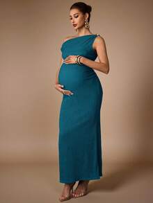 MaterniChic Maternity Solid Color Casual Everyday Dress, Asymmetrical Shoulder - Blue - View 9