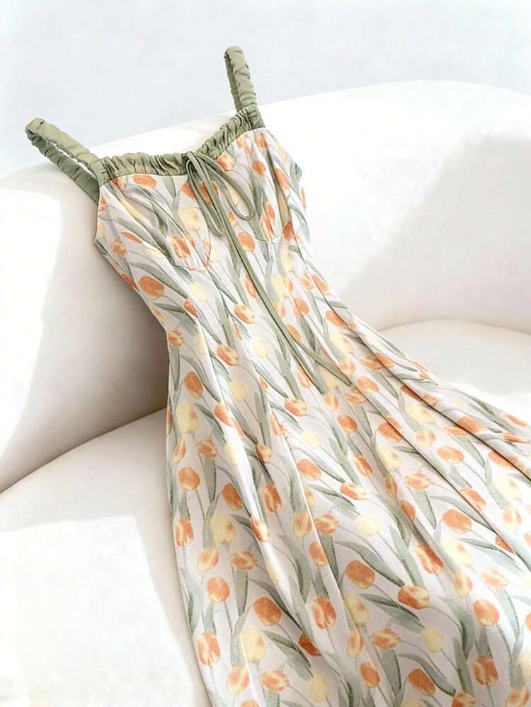 GlowEve Vestido con estampado de tulipanes, vestido de verano sin mangas con diseño floral artístico para vacaciones - Multicolor - Añade 1