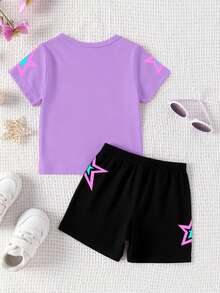 1 Set Young Girl Fashion Cartoon K-Pop Girl "SIX SEVEN" Letter Print Round Neck T-Shirt And Pentagram Print Shorts Set,Summer Birthday Outings,Purple - Multicolor - View 2