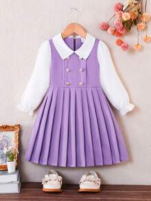SHEIN Elladie kids 女童藏蓝色彼得潘领双排扣褶裥下摆长袖两用连衣裙，适合休闲、优雅、通勤、校园等场合。 - 淡紫色 - 查看 3