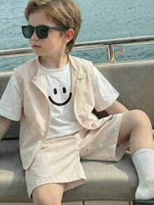 SHEIN 3pcs/Set Young Boys' Toddler Clothes,Summer Letter Print Short Sleeve Pullover Top,Cargo Pocket Vest,Shorts,Matching Holiday Family Vacation Outfit - Apricot - View 2
