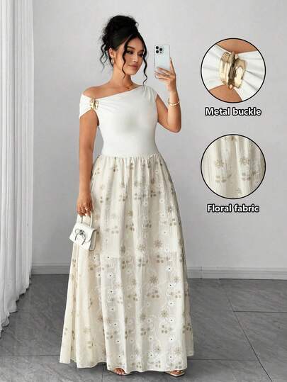 Elenzga 大码女式法式休闲优雅短袖拼接镂空刺绣装饰连衣裙