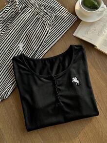 Comfortcana 2025冬季大尺碼女款休閒黑白條紋居家服Curve 2件套，刺繡鈕扣上衣與條紋長褲，感恩節穿搭 - 黑色 - 查看 4