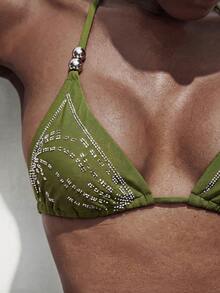 Maija Women's Halter Neck Spaghetti Strap Triangle Bikini Set,Glitter Sequin Textured 2 Pieces Bathing Suit,Olive Green Summer Casual Beach Vacation Holiday - Army Green - View 4