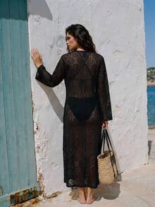 Maija Women's Tie Neck Casual Beach Cover Up Dress - Black - View 5