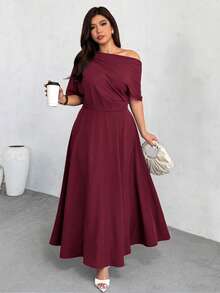 Firerie Vestido asimétrico de cuello minimalista y unicolor para tallas grandes - Burdeos - Ver 6