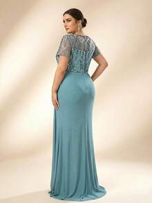 Serin Plus Size Elegant Romantic Mint Green Sweetheart Neck Puff Sleeve Luxury Embroidered Mesh Patchwork Pearl & Rhinestone Ruffle Mermaid Hem Formal Evening Gown (Intricate Design) Mother - Green - View 5