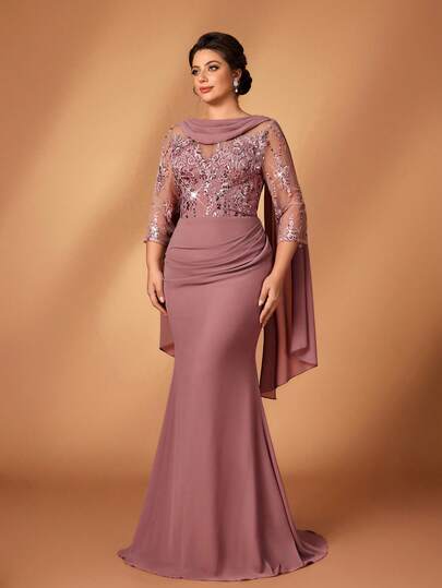 Serin 大码优雅奢华莲花粉色串珠亮片蕾丝贴花薄纱袖拼接弹力缎面荷叶边美人鱼裙，适合婚礼、派对、度假、舞会、新娘母亲晚礼服