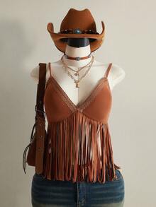 SHEIN ICON 大码流苏V领吊带背心，音乐节穿搭 - 棕色 - 查看 1