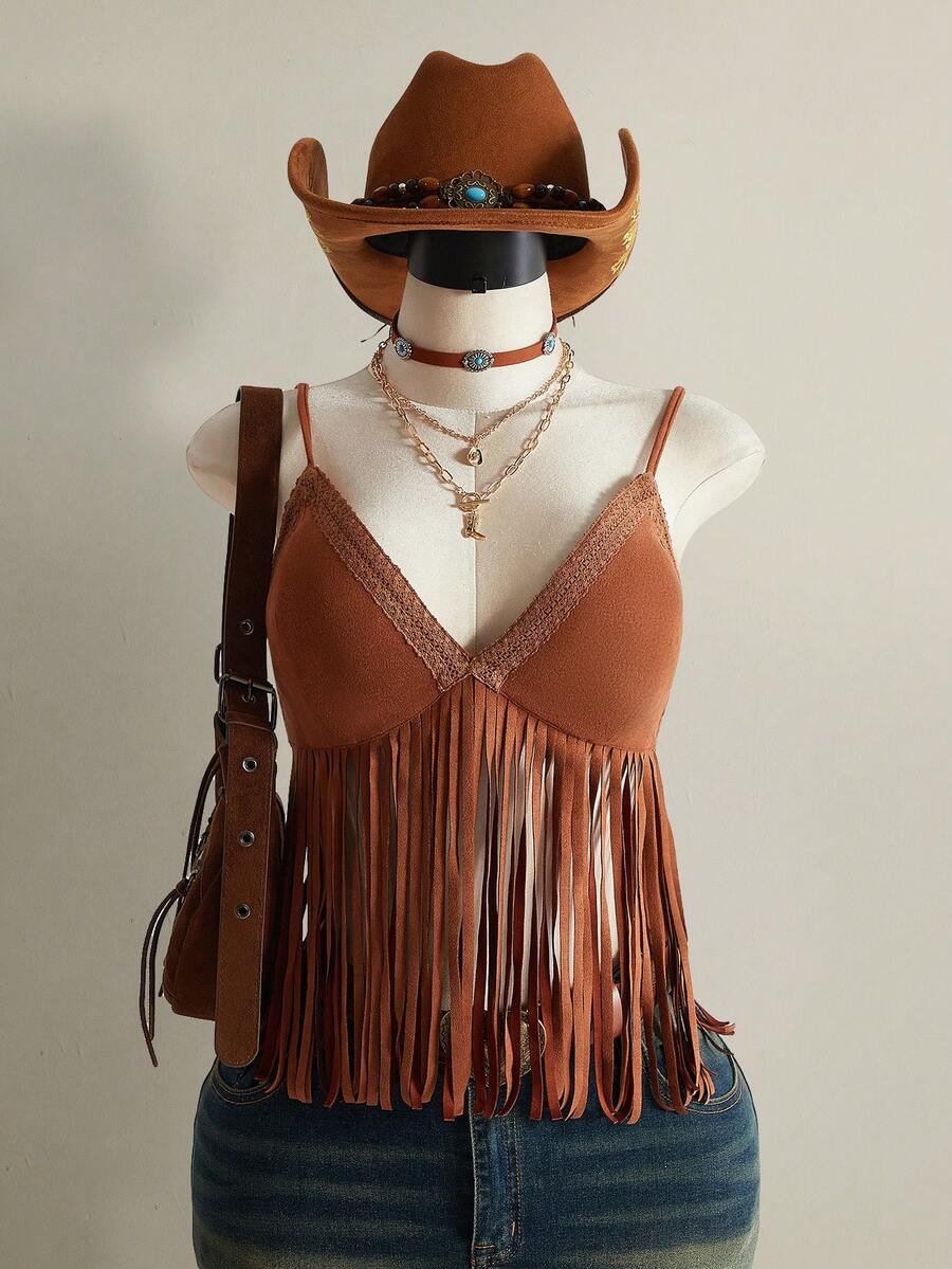 SHEIN ICON 大码流苏V领吊带背心，音乐节穿搭 - 棕色 - 查看 1