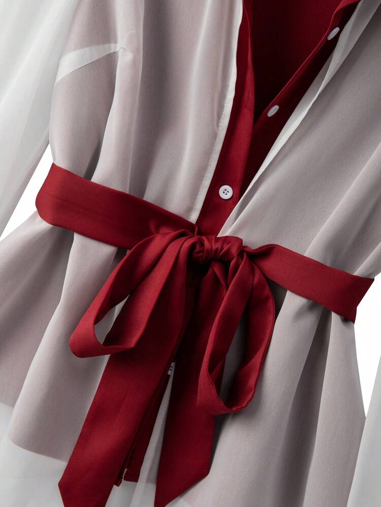 SHEIN Clasi 2 pièces Ensemble Top à manches longues avec bloc de couleurs à la taille et pantalon large unicolore Bordeaux, Blouse rouge et blanc, Tenues rouges pour femmes, Ensembles de tenues pour femmes, Tenues bordeaux pour femmes, Pantalon large rouge pour femmes - Rouge foncé - Voir 7