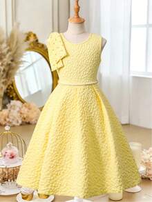 SHEIN 女童黃色無袖圓領洋裝，優雅派對夏季蓬蓬裙，3D百褶肩部與珍珠裝飾腰線，適合生日與假期 - 黃色 - 查看 7