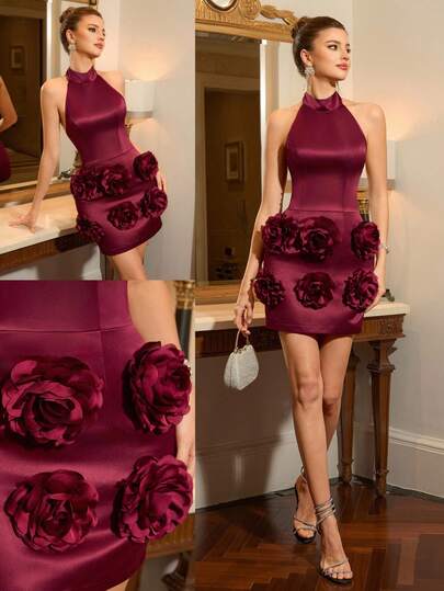 Poshira Women's Elegant 3D Floral Decor Backless Halter Formal Gown Burgundy Dress 3d Flower Dress Red Wine Dress Red Rose Dress Sexy Dress Dinner Burgundy Dresses Dresses For Women Elegant Women Mini Dresses Birthday Dinner Dress Sexy Burgundy Dress Elegant Women Wine Red Dress Sexy Cocktail Dress Sexy Dinner Dress Burgundy Satin Halter Neck 3D Floral Applique Vintage 3D Floral Applique Satin Luxury Satin Fabric 3D Floral Party  Elegant Halter Neck & Backless Silhouette Spring Break Glam Burgundy Outfi