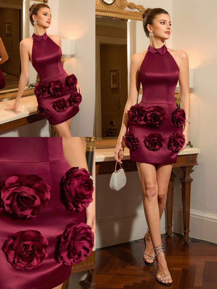 SHEIN Belle 女士优雅3D立体花卉装饰露背吊带礼服 - 酒紅色 - 查看 1