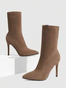 Daringsoles Giày bốt nữ mũi nhọn, khóa kéo bên hông, co giãn, ôm sát, chất liệu flannel, bốt cổ thấp, bốt cao gót, bốt dự tiệc, kỳ nghỉ, du lịch, bốt nữ. - Vải nhung nâu - Xem 4