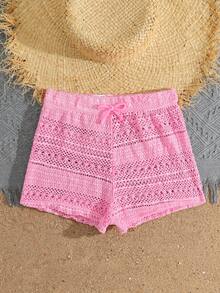 SHEIN 少女泳衣：粉色纯色镂空网纱罩衫，腰间系带蝴蝶结，搭配网纱裤，时尚休闲，优雅迷人，适合游泳、暑假、海滩、泳池、夏令营派对和休闲度假。两件套泳衣，适合青少年、夏季、少女、女士等各种场合。泳衣两件套，夏季女士两件套，夏季女士两件套，青少年泳衣，夏季女士两件套，夏季女士套装，夏季女士泳装，比基尼上衣，女士两件套泳衣，粉色比基尼沙滩短裤。 - 粉色 - 查看 4