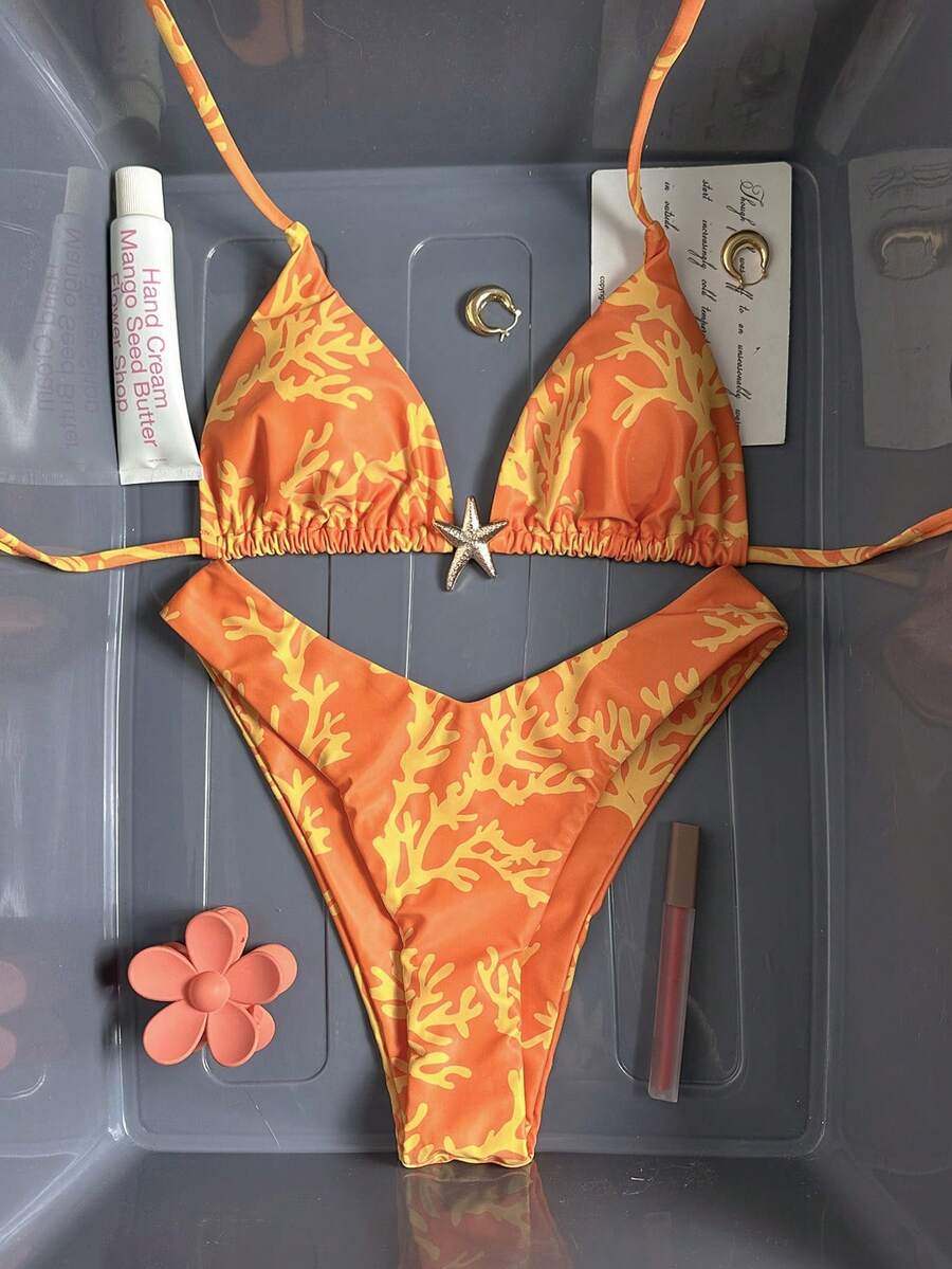 Swim Mod Women's Random Print Halter Metal Jewelry Bikini Set, Spring/Summer - Multicolor - View 1