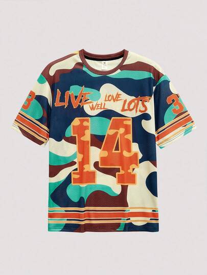 Open Phase Men's Letter Print Round Neck Casual Perforated Short Sleeve T-Shirt