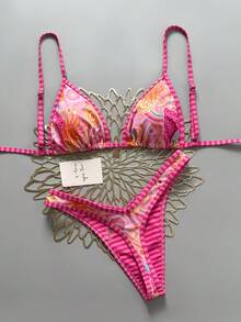 Swim Mod Bộ 2 món, áo bikini tam giác buộc cổ in họa tiết hoa ngẫu nhiên với họa tiết đĩa vàng và quần lọt khe cạp cao, đồ bơi gợi cảm cho nữ, bikini có gọng mùa xuân/hè, bộ bikini nữ, đồ bơi nữ, áo tắm nữ 2 mảnh, bikini sọc hồng - Nhiều màu - Xem 1