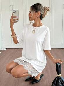 Siren Gaze Women's Round Neck Short Sleeve Contrast Lace Loose Mini Dress,Summer Dresses For Women - White - View 4