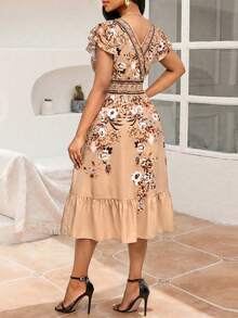 SHEIN Lady Women's Floral Print V-Neck Ruffle Hem Midi Dress, Elegant - Multicolor - View 2