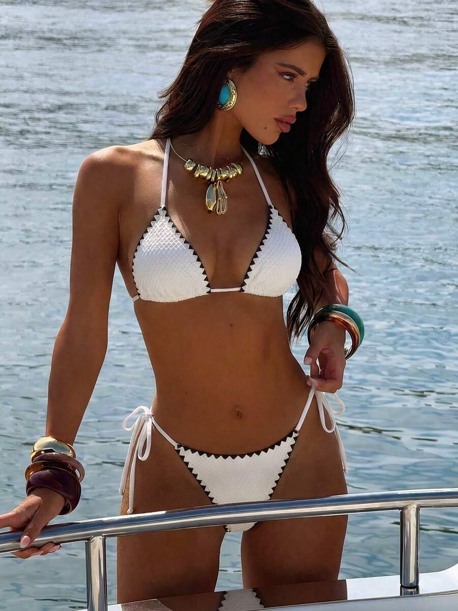 Swim Mod 2026 Spring/Summer Spaghetti Strap Halter Textured Fabric Side High Cut Women's Bikini Set, Vacation Style Crochet Bikini Set Crochet Swimsuit Women Textured Bikini String Bikini Set - White - View 1