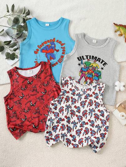 SHEIN 4件套男童超级英雄卡通印花背心套装，蓝色、白色、红色、灰色，休闲舒适，百搭，面料柔软，适合日常穿着、旅行、度假、夏季海滩、春夏穿着。