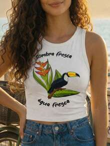 CAJUNI Blusa casual ajustada con cuello redondo y estampado de letras y pájaros, adecuada para citas y salidas - Beis - Ver 3