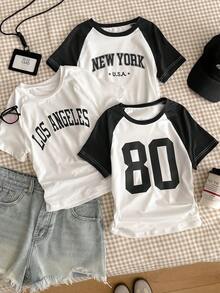 3 Packs Spring & Summer Basic Printed T-Shirts For Teen Girls, Fresh Style With Versatile Spring Colorways, Comfortable Fit, Ideal For School, Daily Outings And Various Occasions - Black and White - View 6