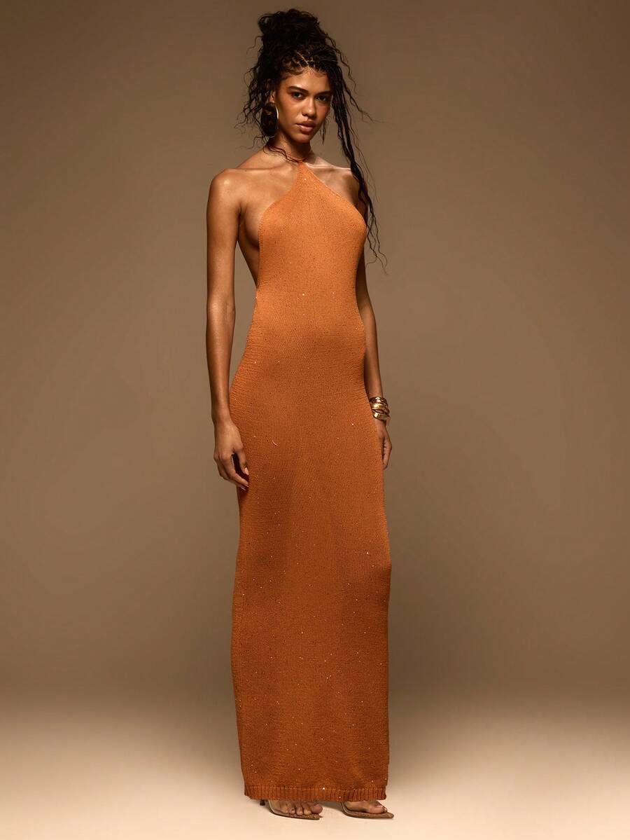 MUSERA Sequin Knit Halterneck Fitted Maxi Dress Spring Summer Elegant Vacation Holiday Ibiza Club Occasion Sexy Evening Wedding Guest Sunset Kiss - Yellow - View 1