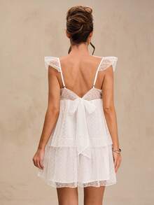 SHEIN BAE Đầm ngắn màu trắng trơn cổ chữ M xếp ly nhiều tầng hở lưng thắt nơ, thích hợp cho mùa xuân/hè, đầm trắng, đầm đi học, đầm dự đám cưới, đầm sinh nhật. - trắng - Xem 2