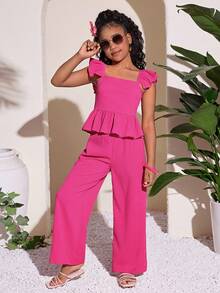 少女休闲日常度假短袖纹理紫红色背心和裤子套装 - 玫紅色 - 查看 5