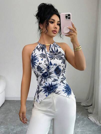 Elenzga Blusa elegante con estampado de océano, decoración de cuentas y lazo cruzado en la cintura, talla estándar para mujer, primavera/verano