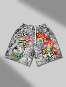 ROMWE MEN Street Life Celana Pendek Kasual Pria dengan Motif Grafis Street, Cocok untuk Musim Semi dan Musim Panas - MultiWarna - View 4