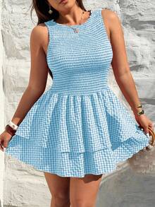 Vestido elegante y ajustado de cuello redondo, sin mangas, con estampado de cuadros rojos, versátil y minimalista, ideal para primavera/verano - Azul - Ver 6