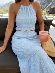 KARISMINA Bộ đồ 2 mảnh jacquard thanh lịch, gợi cảm, thường ngày, lãng mạn dành cho nữ, thích hợp cho kỳ nghỉ xuân/hè. - Màu xanh nhạt - Xem 2