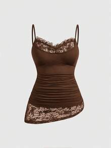 ROMWE Goth Camiseta y top sin mangas versátil y minimalista de encaje con diseño de mariposa, talla grande y sexy - Marrón - Ver 1