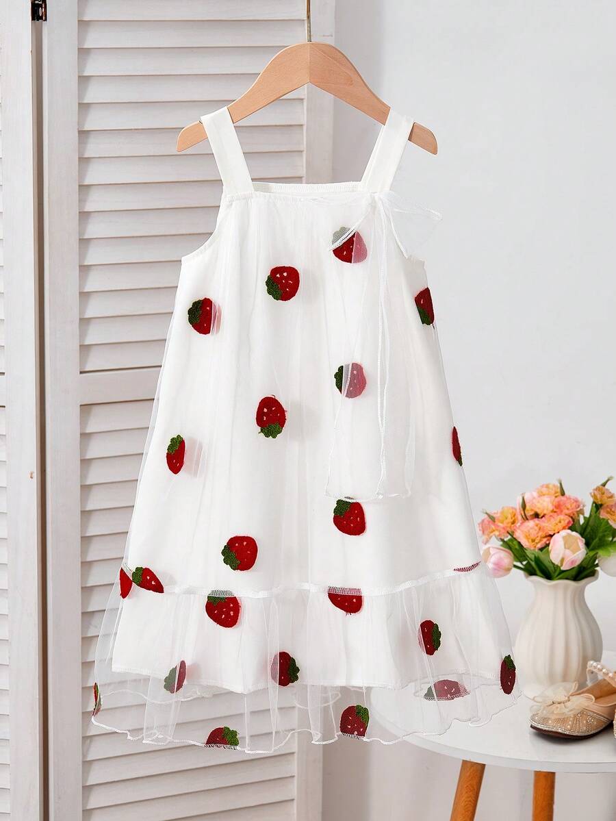 Đầm lưới thêu hình dâu tây cho bé gái (cỡ nhỏ), đầm chữ A dễ thương, thoải mái, có nơ, thích hợp cho kỳ nghỉ. - Nhiều màu - Xem 1
