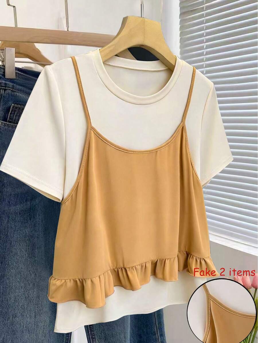 Resyla Women's Summer Casual Ruffle Hem 2 In 1 T-Shirt - Multicolor - View 1