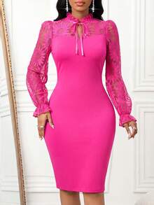SHEIN Lady Vestido elegante de punto negro con cuello superpuesto, cinturón y mangas para oficina, boda, cóctel, concierto/festival de música, vestido de invitada de boda, ropa para mujeres de vuelta al colegio, atuendos de profesora, faldas negras, vestidos negros de otoño, vestidos elegantes de verano para mujeres con mangas abullonadas, encaje y parches, vestido midi negro ajustado - Rosa Fucsia - Ver 1